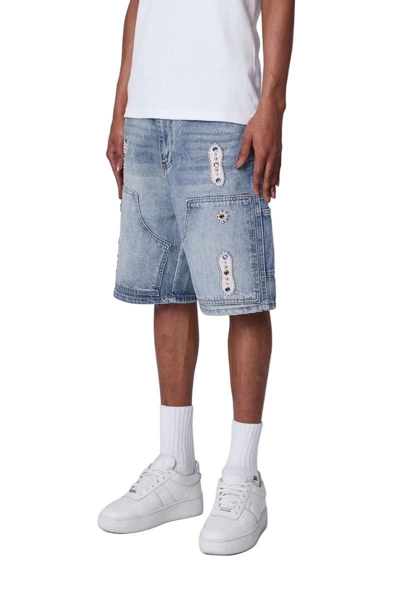 MNML LA Western Jewel Denim Shorts Blue