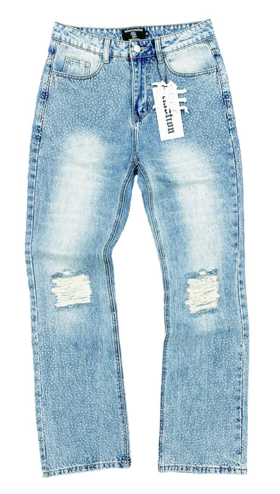 Mixed Emotion Rhinestone Jeans Blue