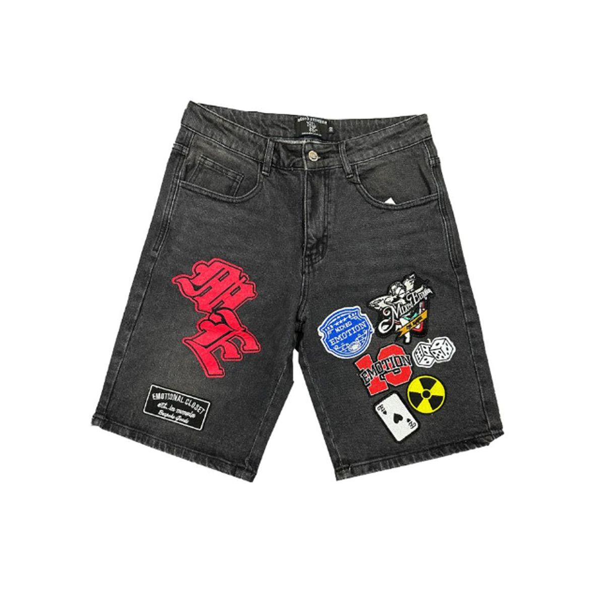 Mixed Emotion Patch Denim Shorts Washed Black