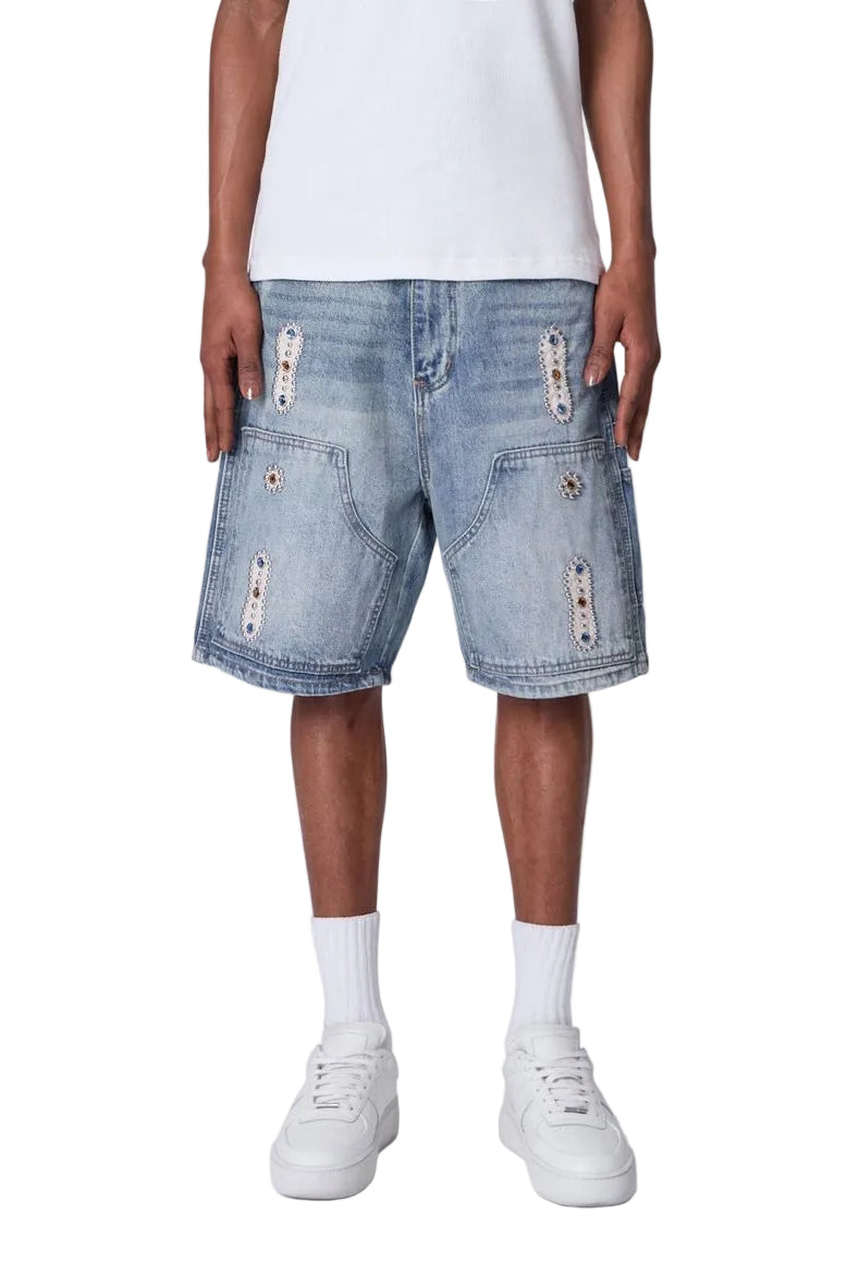 MNML LA Western Jewel Denim Shorts Blue