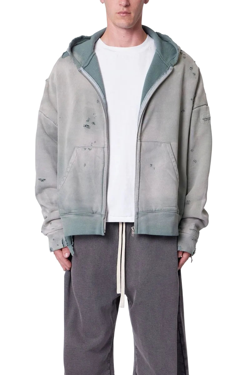 MNML LA Distressed Zip Up Hoodie Green