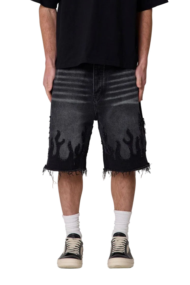 MNML LA Baggy Flame Denim Shorts Black