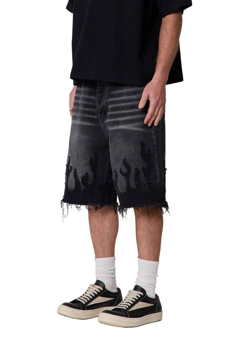 MNML LA Baggy Flame Denim Shorts Black