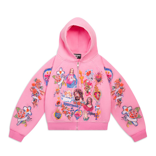 Righteous Risen King Cropped Zip Up Hoodie Pink