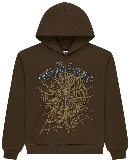Sp5der OG Web Rhinestone Hoodie Brown
