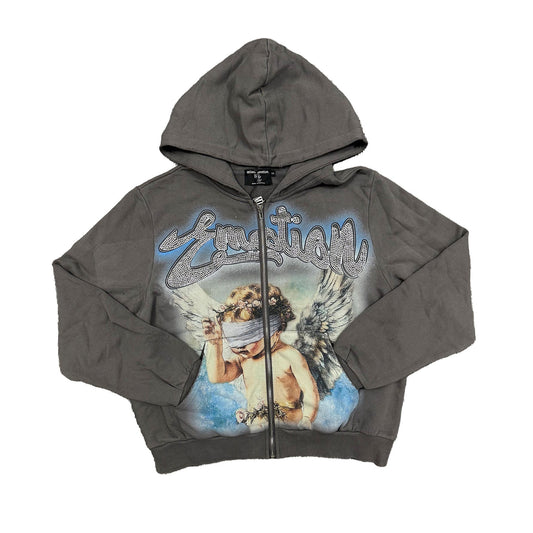 Mixed Emotion Angel Rhinestone Zip Up Hoodie Grey