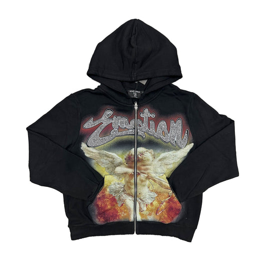 Mixed Emotion Angel Rhinestone Zip Up Hoodie Black