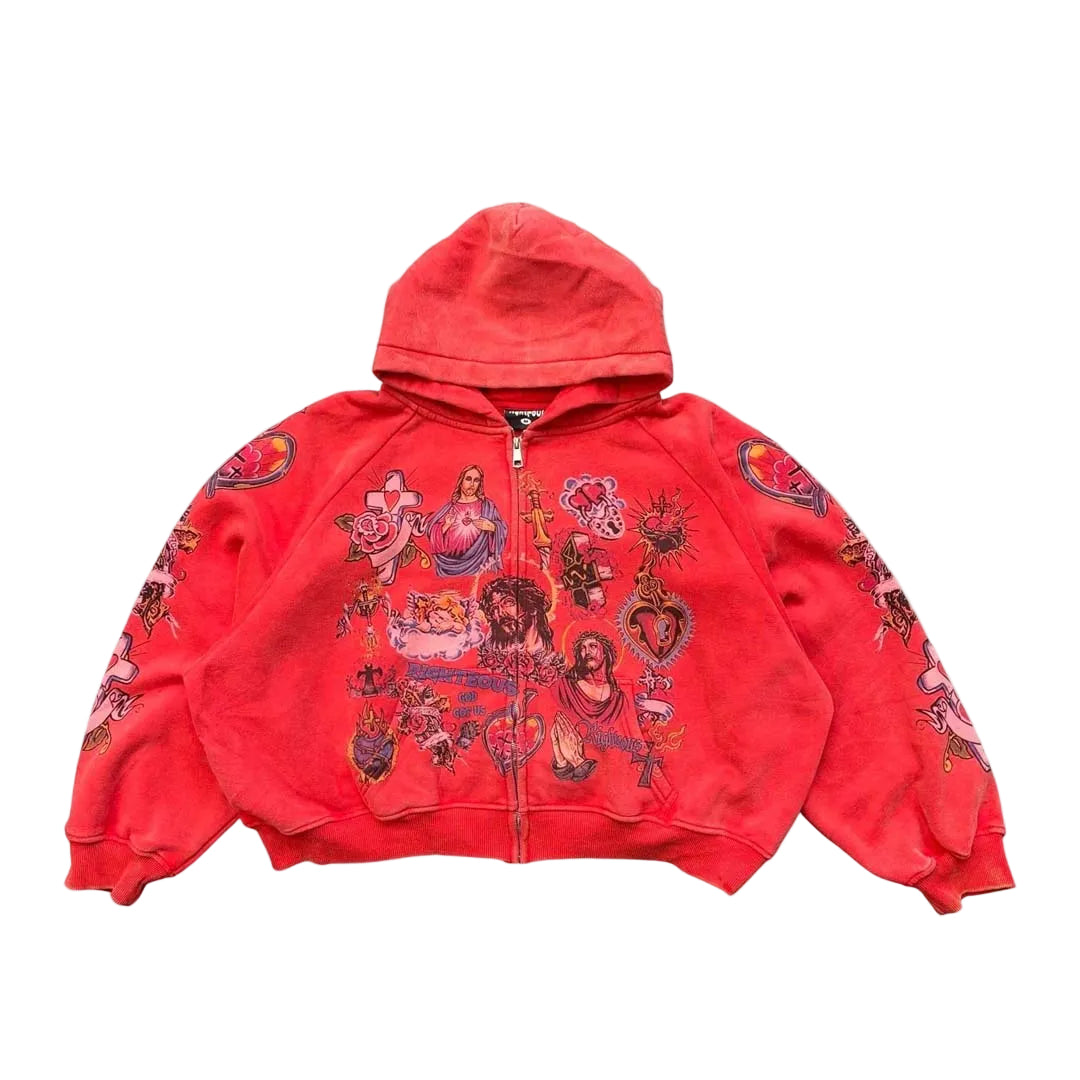 Righteous Risen King Cropped Zip Up Hoodie Red
